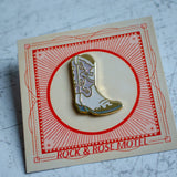 White Cowboy Boot Enamel Pin Close Up